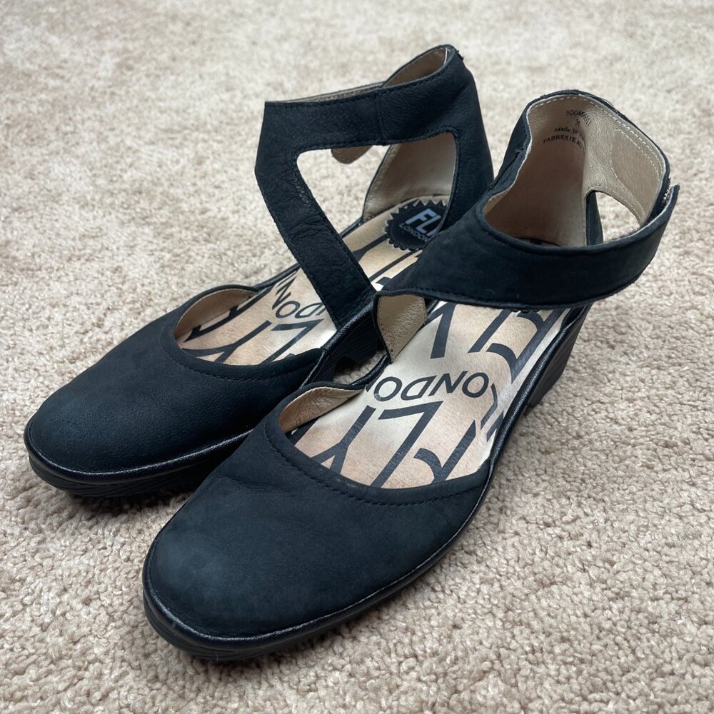 Fly London Sandal Womens 36 Piat Black Wedge Pump Nubuck Leather Travel Comfort